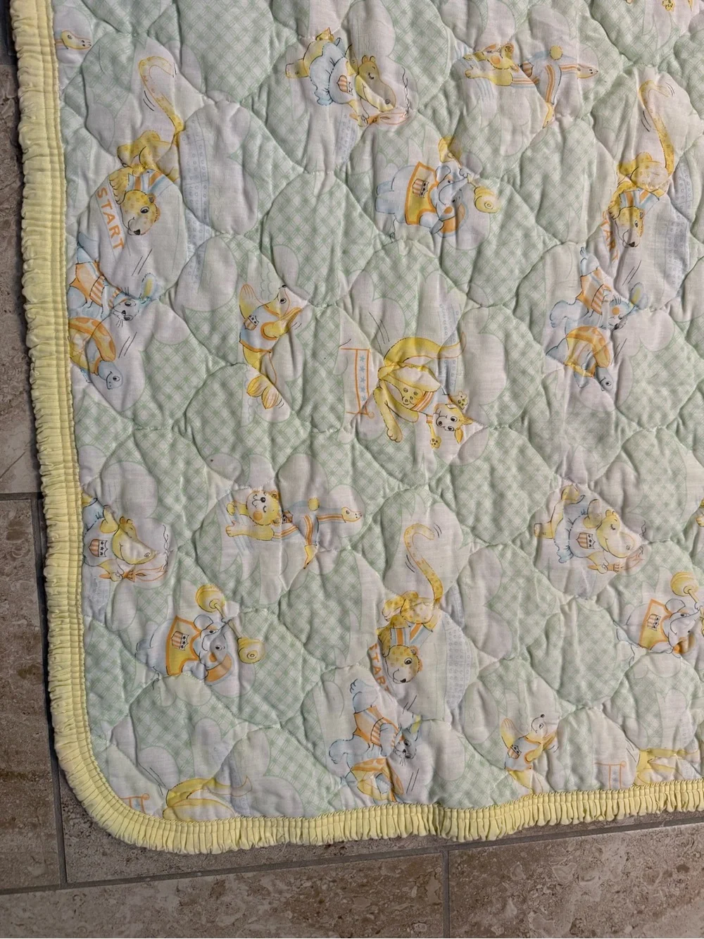 Vintage 1978 Dundee Mills Yellow Baby Quilted Crib Blanket with Animal Print